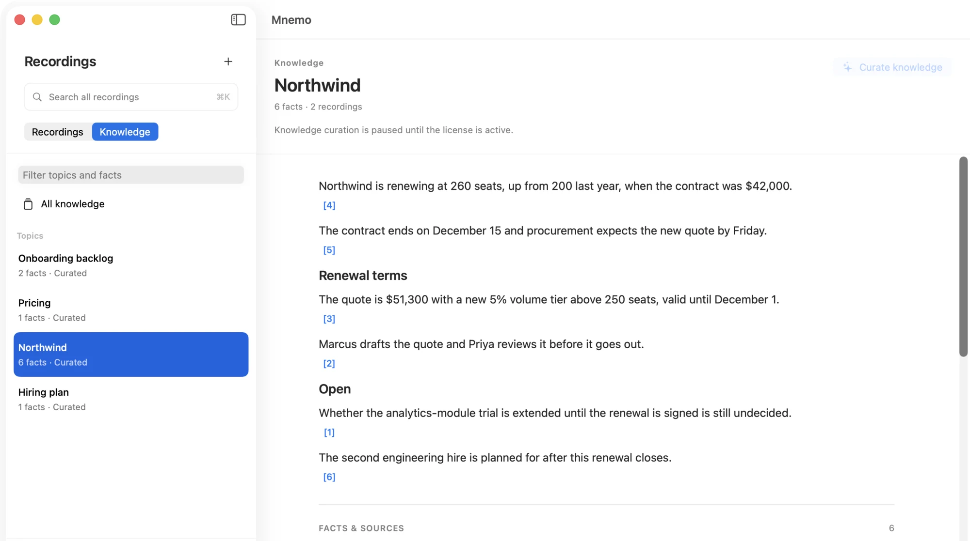 Knowledge topic page for a customer account, with each statement footnoted back to a recording